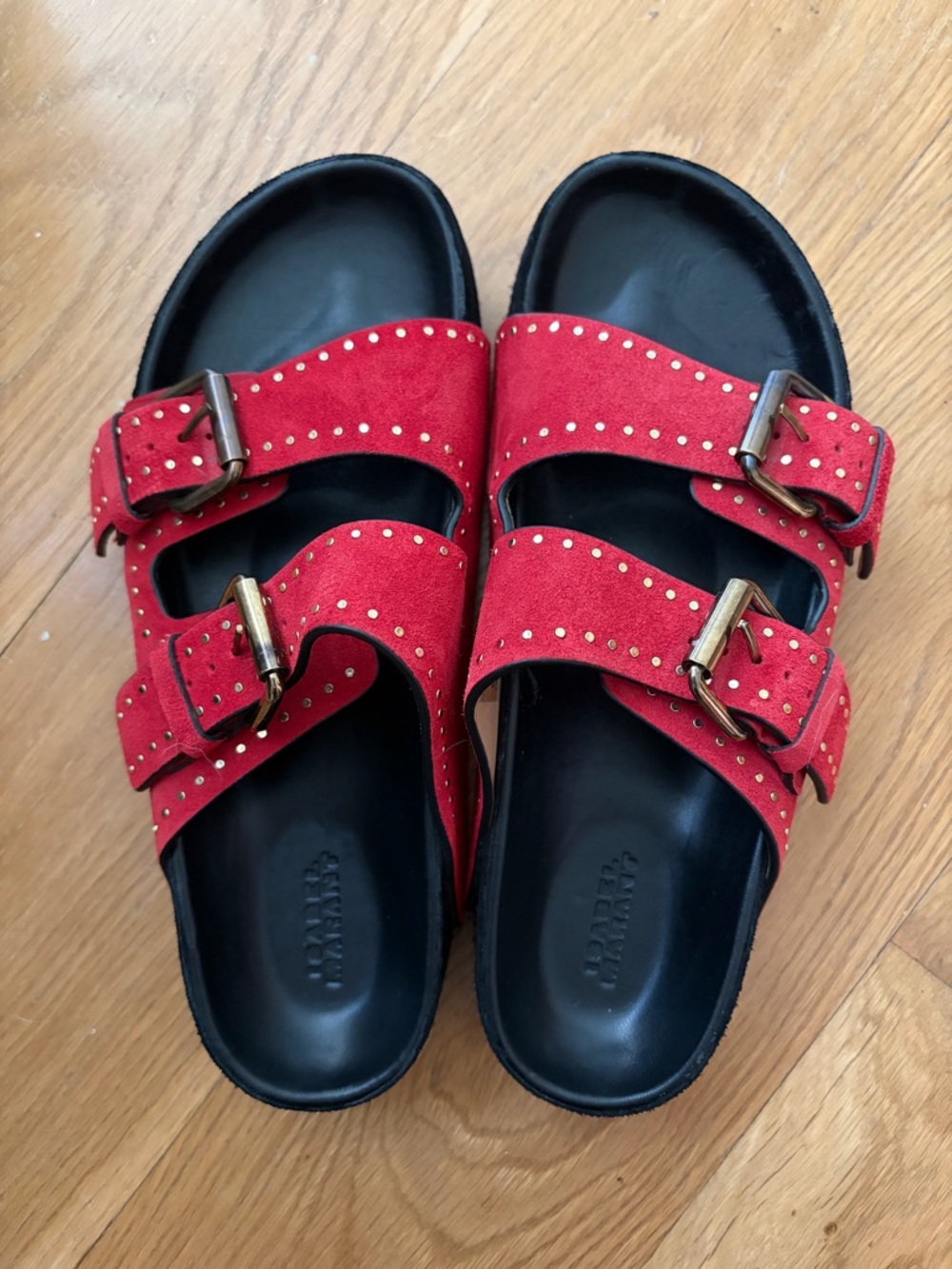 Isabel Marant Red Suede Double-Buckle Stud Sandals 37